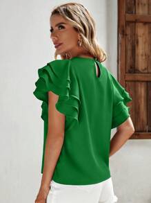 SHEIN LUNE Solid Ruffle Trim Keyhole Back Blouse - Green - View 3