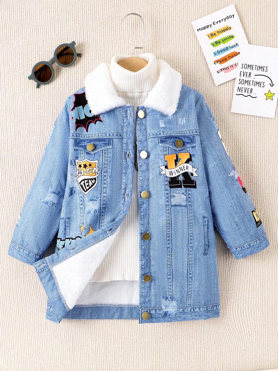 SHEIN Young Girl 1pc Letter Graphic Borg Collar Denim Effect Coat - Blue - View 1