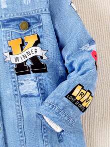 SHEIN Young Girl 1pc Letter Graphic Borg Collar Denim Effect Coat - Blue - View 4