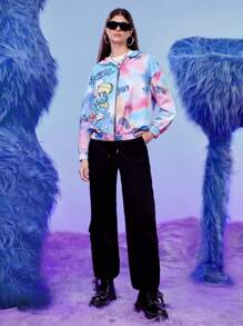 SHEIN X The Smurfs Tie Dye Letter Graphic Drop Shoulder Hooded Jacket - Multicolor - View 5