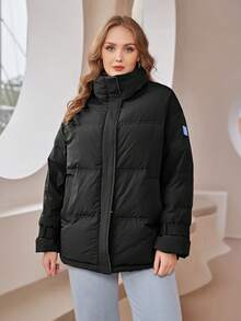 Astrid Plus Zip Up Snap Button Patched Detail Down Coat - Black - View 3