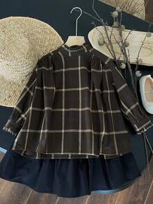 Young Girl Plaid Mock Neck Blouse & Skirt - Coffee Brown - View 4
