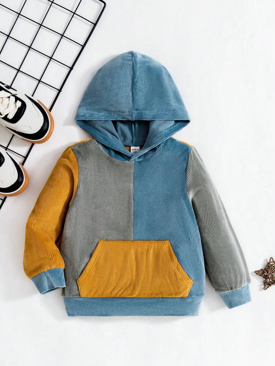 Young Boy Color Block Kangaroo Pocket Hoodie - Multicolor - View 1