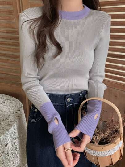 彩色块拇指孔高弹力修身圆领女式毛衣