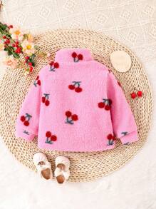 Baby Girl Cherry Pattern Zip Up Teddy Coat - Pink - View 2