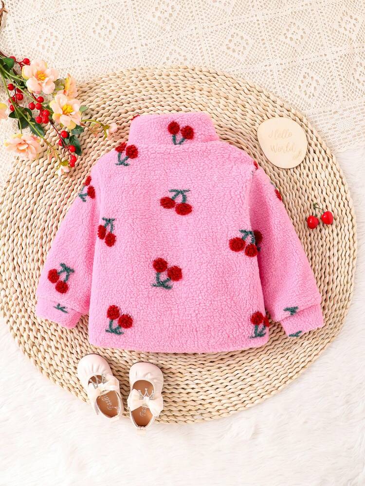 Baby Girl Cherry Pattern Zip Up Teddy Coat