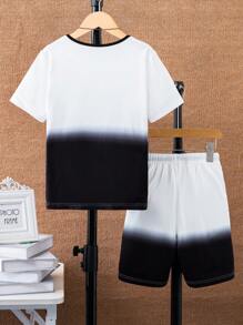 SHEIN Tween Boy Letter Graphic Ombre Contrast Trim Tee & Drawstring Waist Shorts - Black - View 2