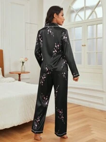 花卉印花撞色滚边缎面睡衣套装/睡衣套装 - 黑色 - 查看 3