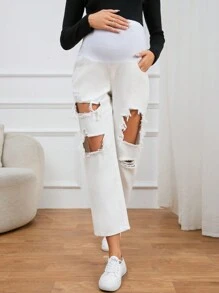 SHEIN Maternity Wideband Waist Cut Out Ripped Straight Leg Jeans - White - View 4