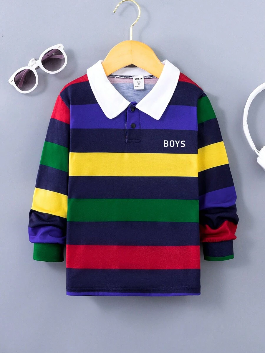 SHEIN Young Boys' College Style Slogan Long Sleeve Polo Shirt, Casual Top - Multicolor - View 1