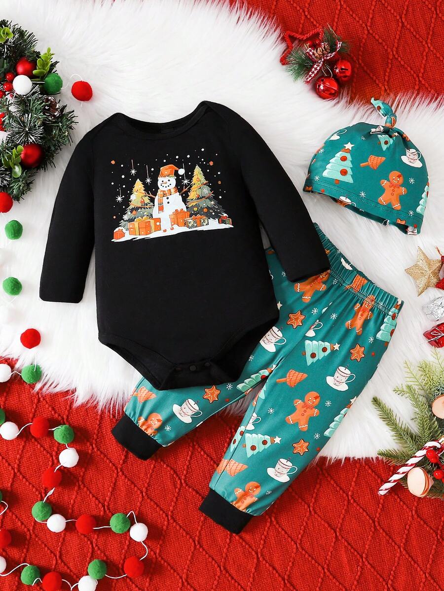 男嬰聖誕印花連身衣、運動褲和聖誕帽子