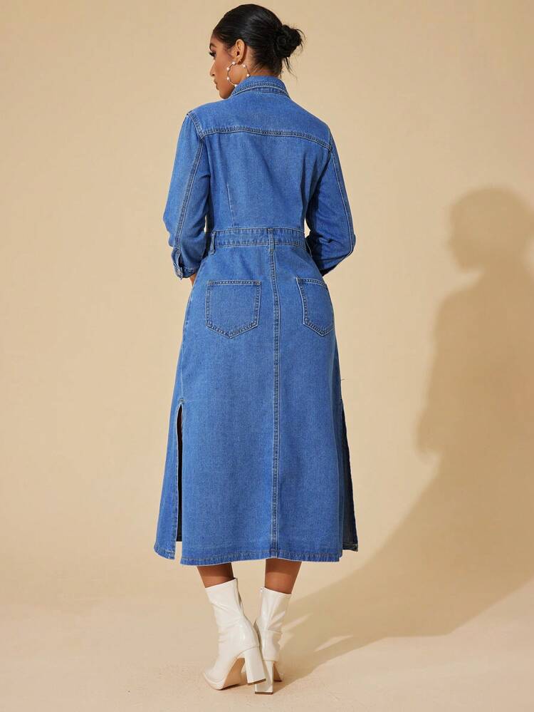 Flap Pocket Button Front Denim Dress
