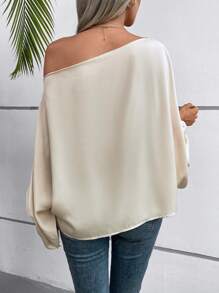 EMERY ROSE Asymmetrical Neck Batwing Sleeve Satin Blouse One Shoulder Top Fall Cloth For Women - Apricot - View 2