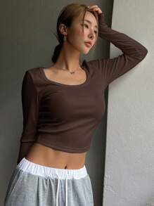 DAZY 纯色圆领短款 T 恤，秋季服装长袖女式上衣 - 咖啡棕 - 查看 5