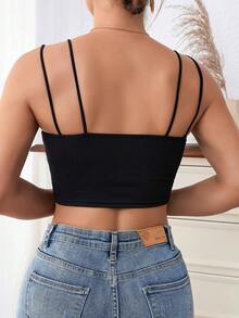 蕾絲拼接吊帶短上衣 - 黑色 - 查看 2