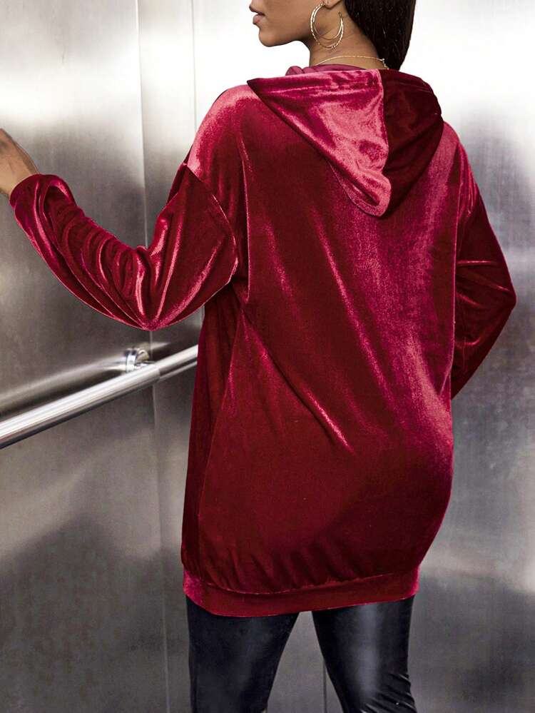 Maternity Kangaroo Pocket Drop Shoulder Drawstring Velvet Sweatshirt, For Winter