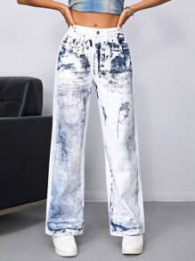 SHEIN ICON Jeans de pierna recta de tie dye - Blanco - Ver 2