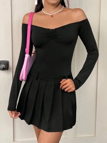 SHEIN MOD 露肩褶皺前褶裙擺洋裝 - 黑色 - 查看 1