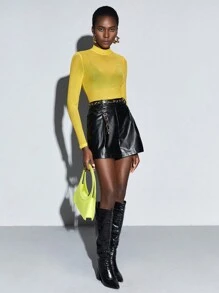 Maija Mock Neck Semi Sheer Mesh Top - Yellow - View 4