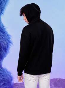 SHEIN X The Smurfs Unisex 1pc Slogan & Cartoon Graphic Drop Shoulder Hoodie - Black - View 2