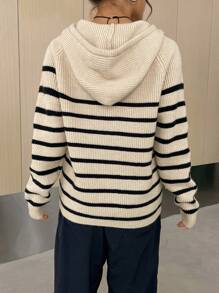 SHEIN EZwear Maglione modelli righe manica raglan con coulisse con cappuccio - Cachi - Visualizzare 2