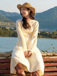 DAZY Vestido de manga farol con diseño de jacquard y unicolor, vestido casual para mujeres