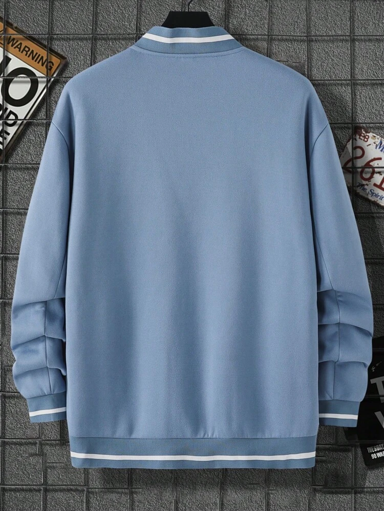 Men Plus Letter Patched Striped Trim Bomber Jacket Without Hoodie