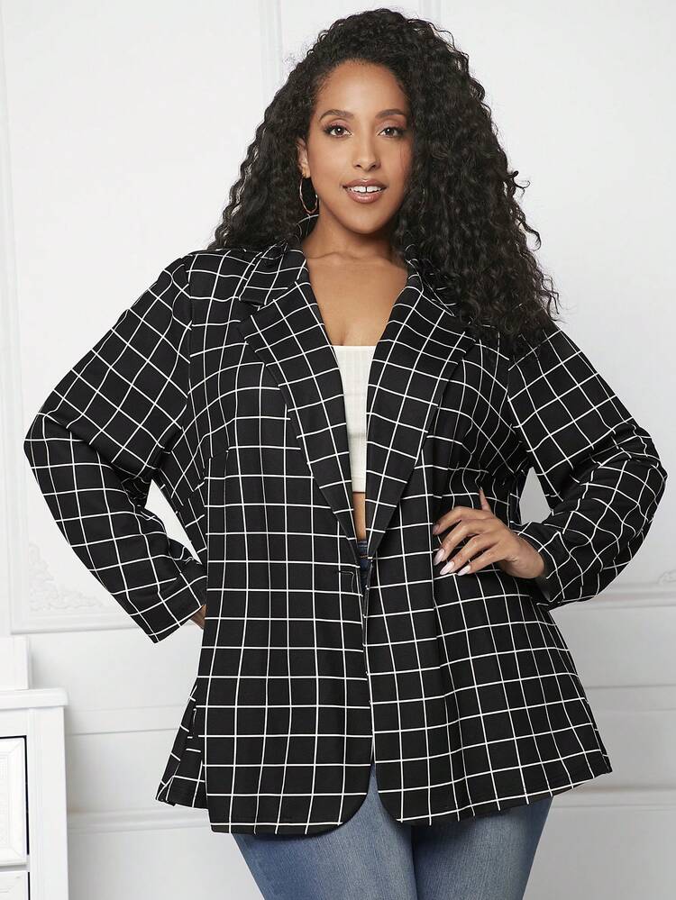 Plus Grid Print Lapel Neck Blazer