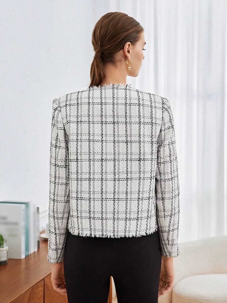 Plaid Pattern Raw Trim Double Breasted Overcoat