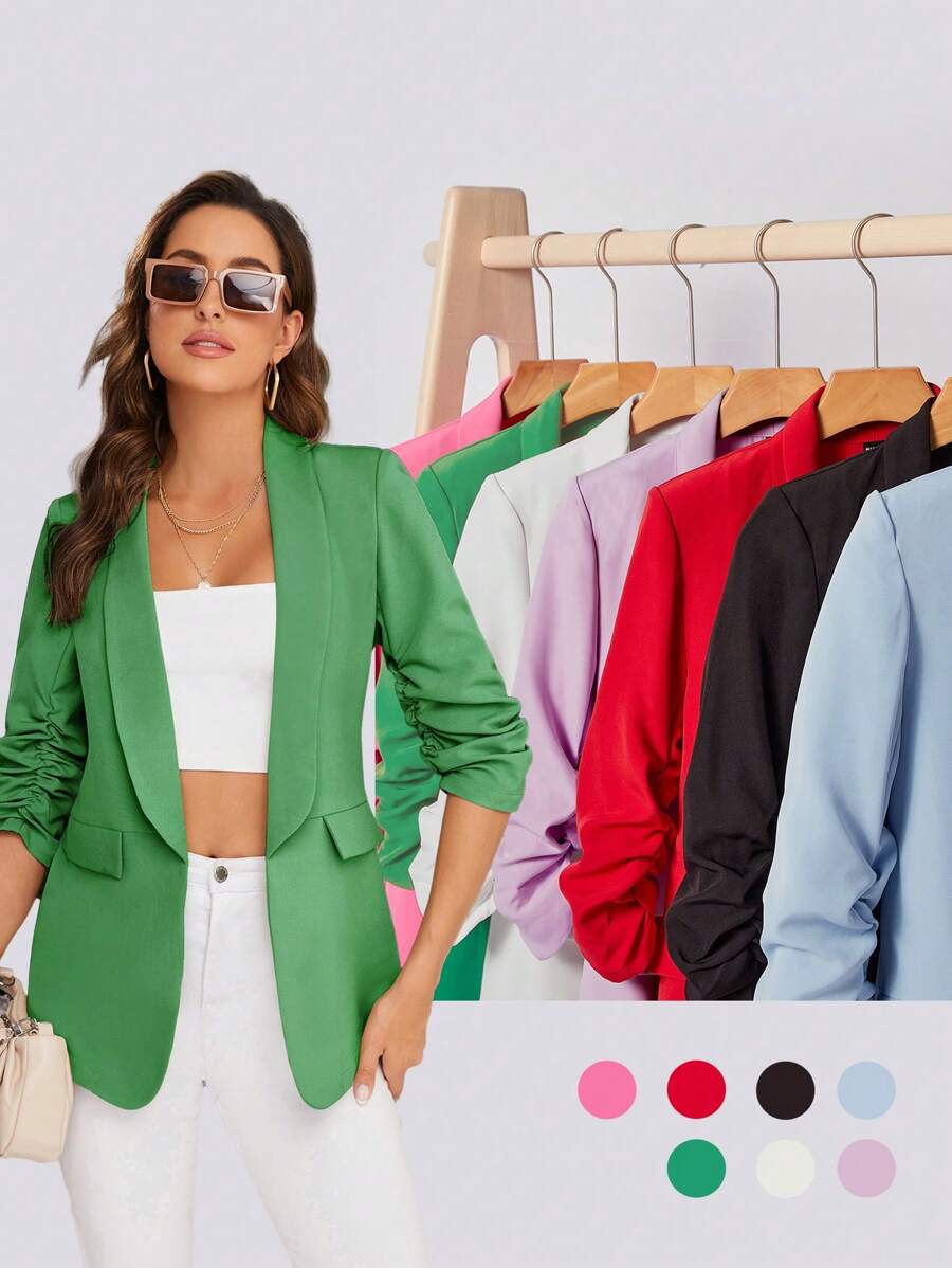 SHEIN BIZwear 青果領收褶袖翻蓋細節西裝外套工作服