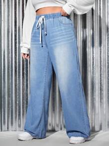 SHEIN Tall CURVE Plus Size Women Blue Loose Denim Wide-Leg Pants - Blue - View 5