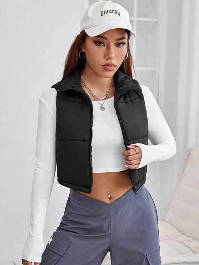 SHEIN PETITE Chaleco corto acolchado con cremallera para otoño/invierno