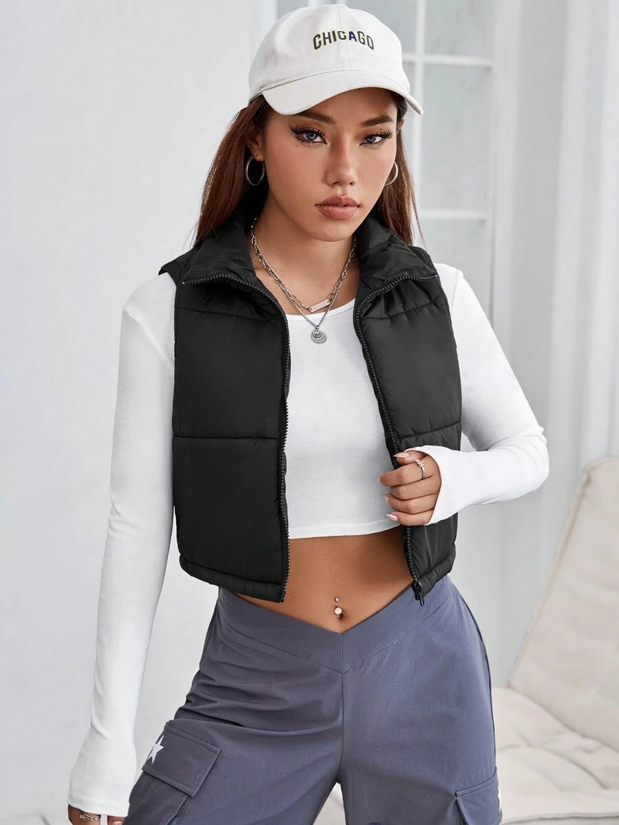 SHEIN PETITE Zip Up Crop Vest Padded Coat In Fall/Winter - Black - View 1