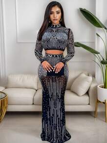 2pcs/Set Women Rhinestone Mesh Sheer Long Sleeve Mock Neck Cropped Top And Midi Skirt - Black - View 2