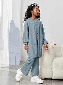 SHEIN Tween Girl Solid Drop Shoulder Coat & Tank Top & Pants - Baby Blue - View 5