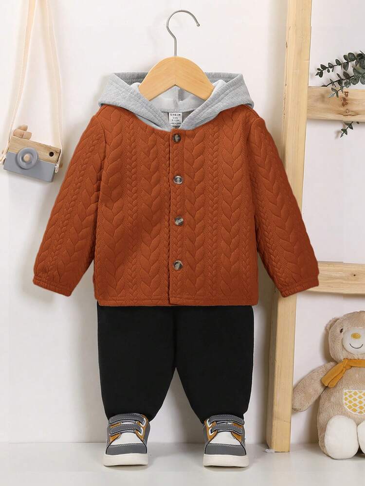 Baby Boy Solid Hooded Jacket & Sweatpants Without Tee