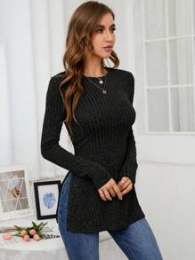 SHEIN Frenchy Viền chia cắt Đồ đan Ribbed Áo thun - màu đen - Xem 4