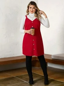 SHEIN LUNE 大碼前紐扣背帶洋裝無毛衣 - 紅色 - 查看 5