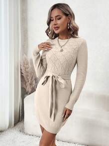 SHEIN Clasi 素色腰帶緊身毛衣洋裝 - 杏色 - 查看 4