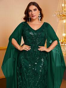 YISIKADO Plus Split Sleeve Sequin Formal Dress - Dark Green - View 6