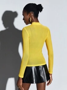 Maija Mock Neck Semi Sheer Mesh Top - Yellow - View 5