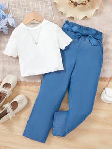 SHEIN 女大童T恤&紙袋腰腰帶長褲 - 白色 - 查看 4