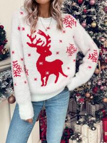 SHEIN LUNE Christmas Elk Pattern Drop Shoulder Fluffy Knit Pullover Fall Winter Sweater - Red and White - View 5