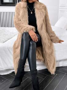 SHEIN Clasi Lapel Neck Open Front Fuzzy Coat - Khaki - View 5