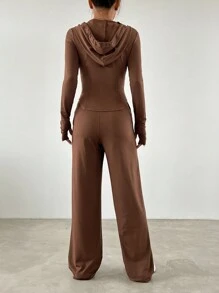 SHEIN EZwear 拉鏈開襟抽繩連帽夾克&闊腿褲 - 棕色 - 查看 2