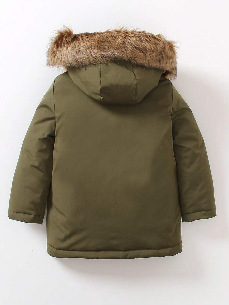 Young Boy 1pc Patched Detail Fuzzy Trim Hooded Padded Coat