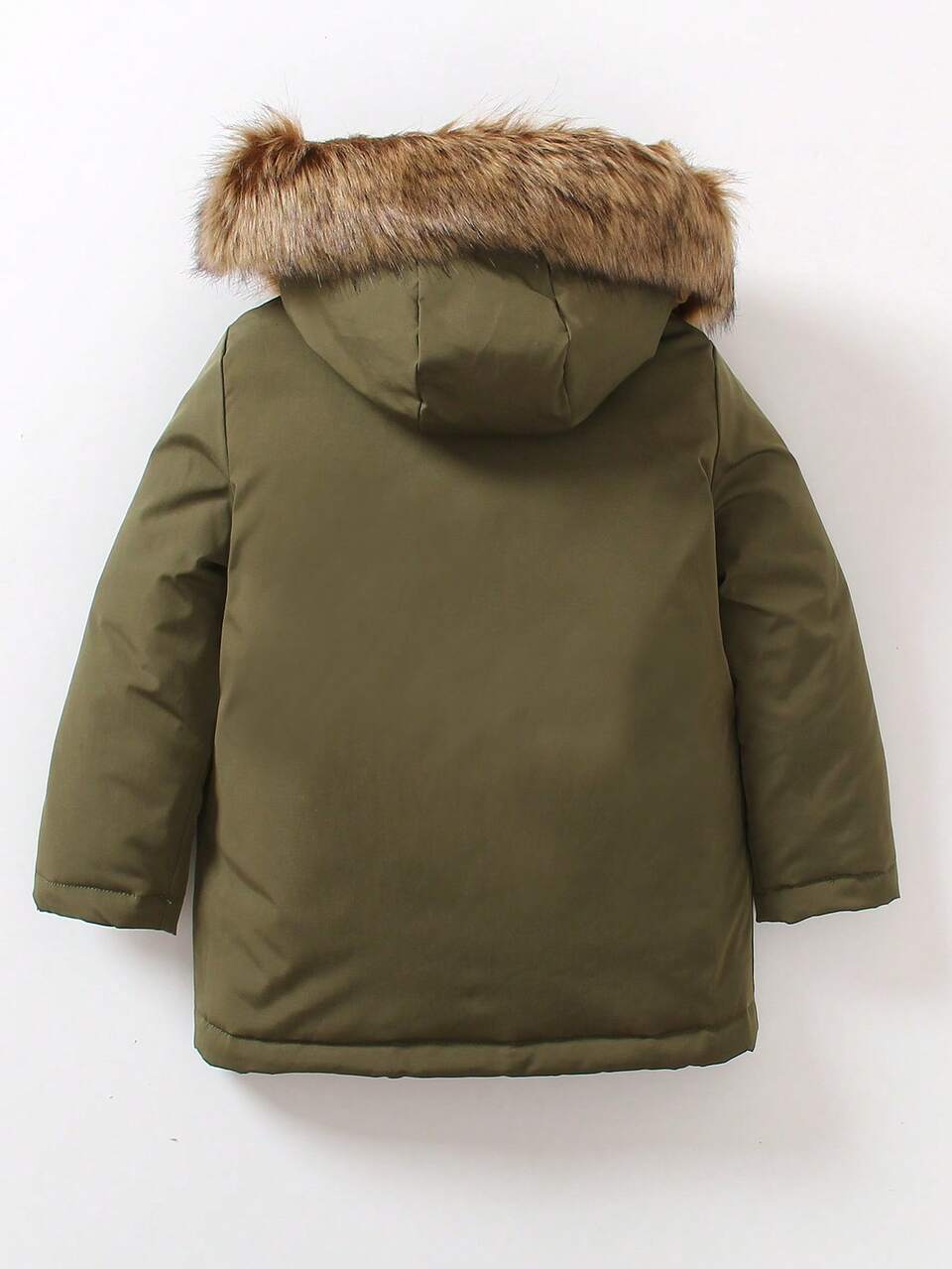 Young Boy 1pc Patched Detail Fuzzy Trim Hooded Padded Coat