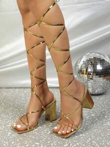 女性高跟鞋交叉綁帶粗涼鞋帶金色條帶,魚嘴和剪裁設計 - 金色 - 查看 2