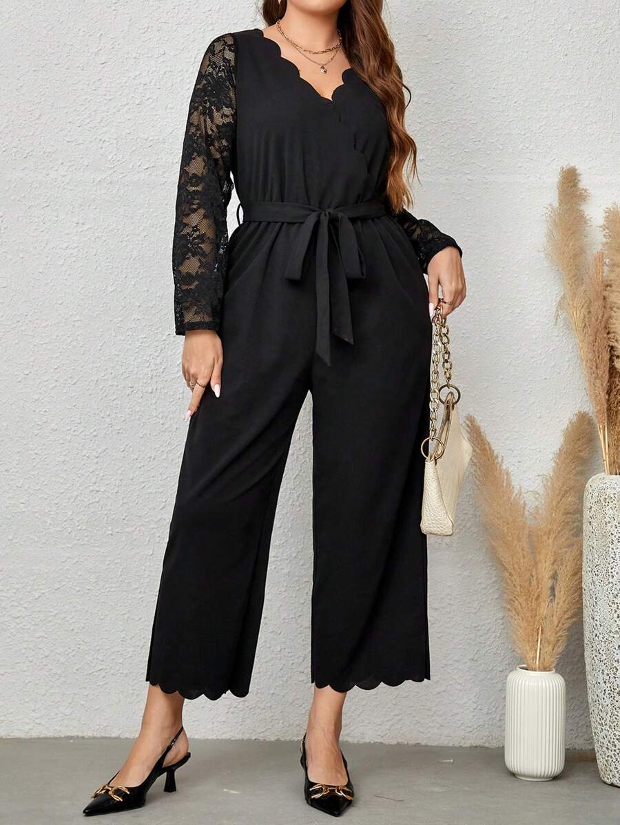 EMERY ROSE Plus Contrast Lace Scallop Trim Belted Wide Leg Jumpsuit - Black - View 1