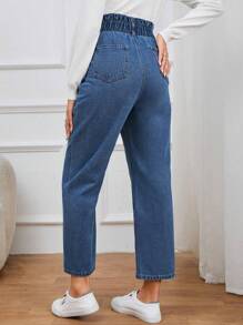 SHEIN Maternity Paperbag Waist Straight Leg Jeans - Medium Wash - View 3